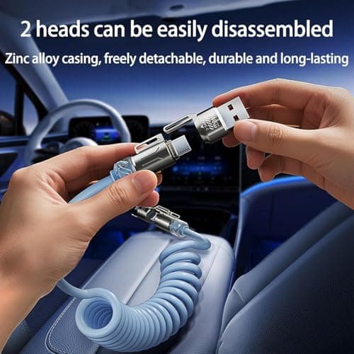240w 4-in-1 Retractable Coiled Charging Cable, Vehicle-Mounted Spring Data Cable, Universal 78in Multi-Port Charger Cord, Multi-Port Charger Cord for All USB-Compatible Devices (Gold) — view 4