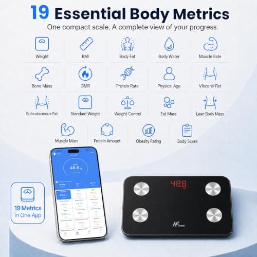 HFitness Travel Scale for Body Weight Mini Portable Digital Bathroom Scale with App for iOS and Android 19 Body Composition Metrics 180 kg Capacity 28x18 cm Black — view 3