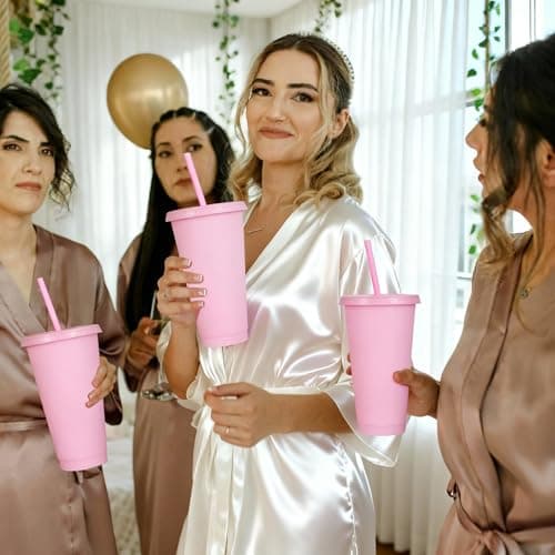 Yisituo 710ml Reusable Plastic Cups, 10 Pack Cold Cups with Lid and Straw, Tumblers Travel Mugs for Adults and Madam Party and Beach, Pool Gatherings (10, Light Pink) — view 5
