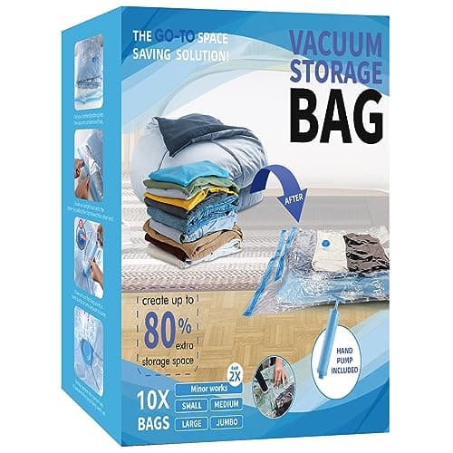 10 Pack Vacuum Storage Bags, Space Saver Bags with Hand Pump for Clothing, Organization, and Storage of Comforters, Pillows, Towels, Blankets, Bedding, Moving Supplies
