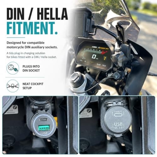 UltimateAddons DIN Motorcycle USB Charger, Dual Port USB-A QC 3.0 18W + USB-C PD 20W Fast Charger with Protective Cap, 12V Auxiliary Socket Adapter for Compatible BMW, Triumph & Ducati Motorcycles — view 5