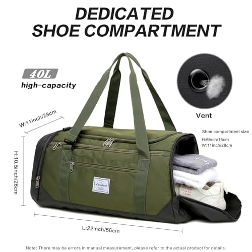Laripwit Travel Duffle Bag for Men 40L Medium Gym Duffel Backpack with Shoe Compartment & Wet Pocket Sports Holdalls Women Weekend Overnight Bag for Traveling Camping, Green — view 5