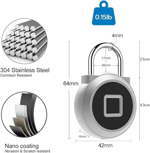 Eseesmart Fingerprint Padlock, Gym Locker with Fingerpirnt Bluetooth APP Control, Smart Fingerprint Lock, Keyless Outdoor Waterproof Security Suitcase Luggage School Backpack (Sliver) — view 2