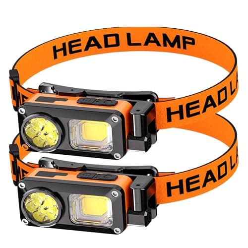 Legisgiant 2xSet Rechargeable LED Head Torch, 100000 LM, 5 Modes, IPX7 Waterproof, Zoomable, Red Warning Light for Running, Hiking, Fishing (Yellow)