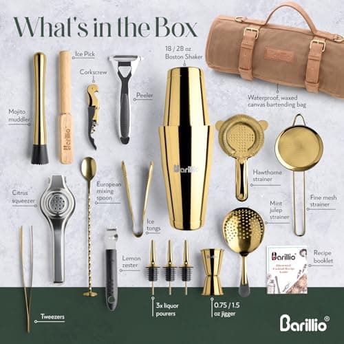 Barillio Bartender Kit Bag with Gold Cocktail Shaker Set - Waxed Canvas, Traveling Bar Tools Bag with 17-Pc Cocktail Kit - Travel Mixology Bartending Kits - Mobile Bar Roll with Strap & Accessories — view 4