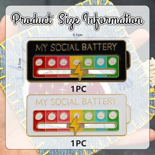 Tastetreasure 2 Pcs My Social Battery Pin Badge, Funny Sliding Mood Tracker Enamel Pins, Creative Introvert Gifts for Women Men, Interactive Lapel Pin for Backpacks, Clothing, Hats, Black & White — view 2