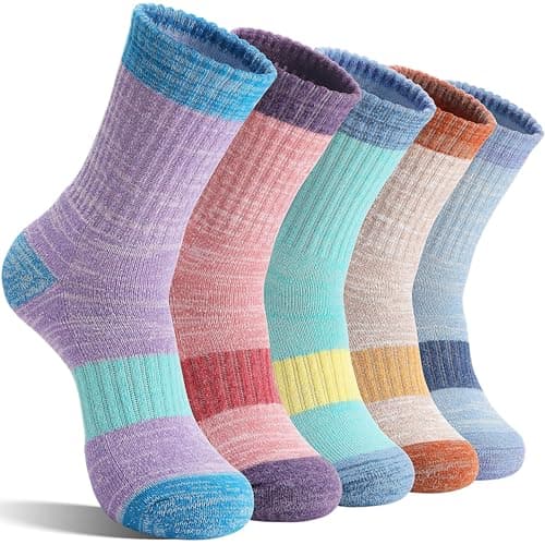SAVALOS Merino Wool Hiking Socks for Women Thermal Warm Winter Cosy Work Crew Gifts Socks 5 Pairs Stocking Fillers(Light Blue/Light Green/Light Red/Khaki/Purple,3-7)