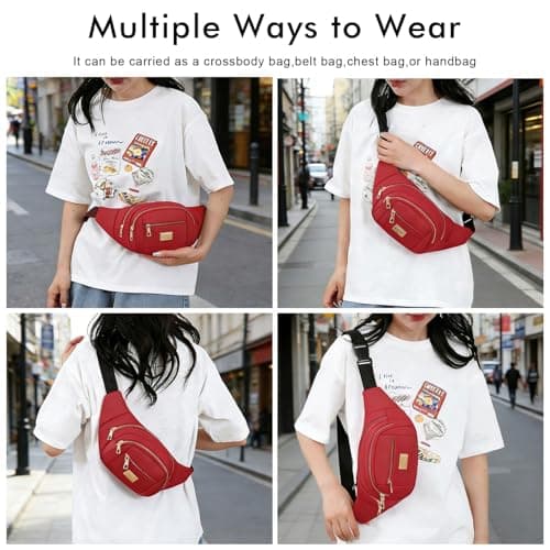 ADUDVLO Bumbags for Ladies Women Men Lightweight Adjustable Bum Bag Fanny Pack with 4 Zipper Pockets,Fashionable Waist Pack for Travel, Running, Hiking, Cycling (Red) — view 5