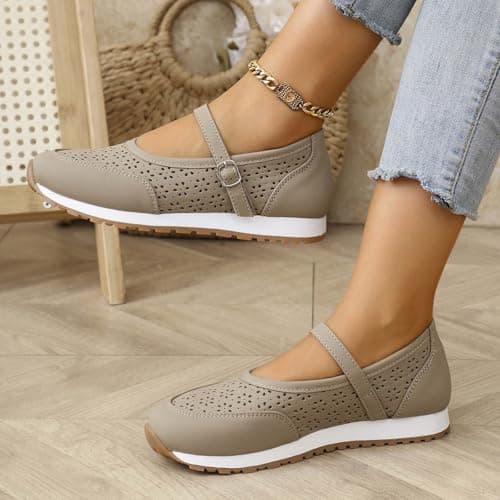 Women's Vintage Perforated Mary Jane Sneakers Chic Buckle Loafers Breathable Walking Shoes for Travel and Weekend Trips Khaki — view 3