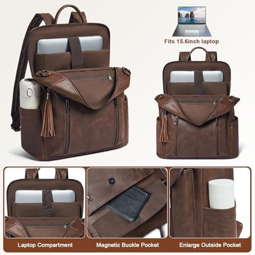 Shrrie Laptop Backpack for Women 15.6 inch,Travel Leather Backpack Purse Nurse Teacher Carry on Backpack,College Business Work Casual Daypack,Crazy Horse Brown01 — view 6
