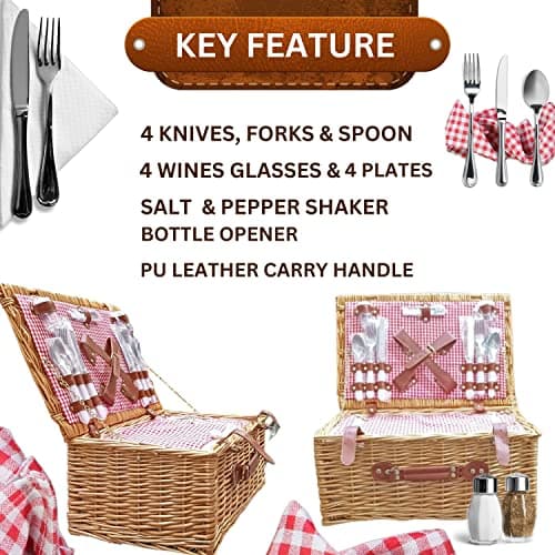 Trendi® Premium Wicker Picnic Basket Set for 4 Persons - Outdoor Hamper with Cutlery, Plates, Wine Glasses, Cooler Bag and Insulated picnic basket — view 4