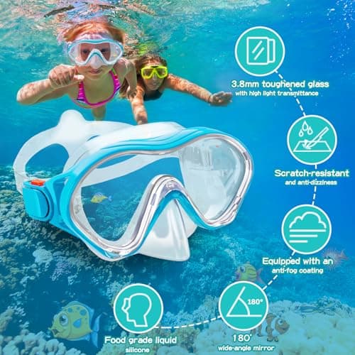 Snorkeling Gear for Kids with Foldable Silicone Full Dry Snorkel, Kids Snorkel Set Anti Leak Youth Junior Snorkeling Package Diving Mask Soft Tube with Mesh Bag Swimming Goggles, Sky Blue — view 2