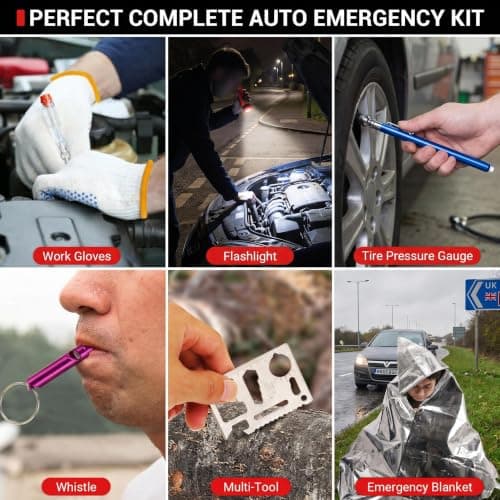 Emergency Breakdown Kit, 76 in 1 Multifunctional Roadside Assistance Car Breakdown Kit with Jumper Cables, Tow Rope, Triangle, Flashlight, Safety Hammer, etc — view 6