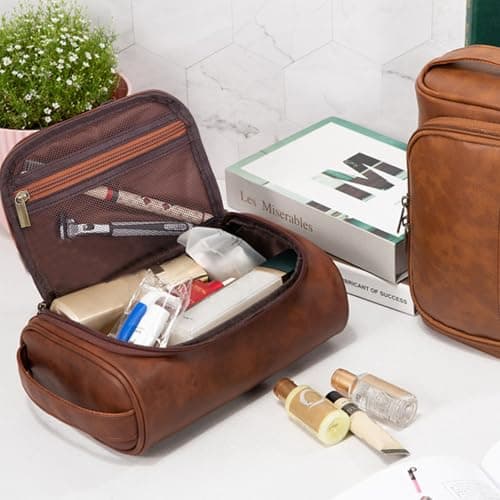 Leather Toiletry Bag for Men – Waterproof Toiletry Bag with Dry & Wet Separation, Thickened Brown Wash Bag, Travel Wash Organizer with Multiple Compartments | Mens Toiletry Bags (Brown) — view 5
