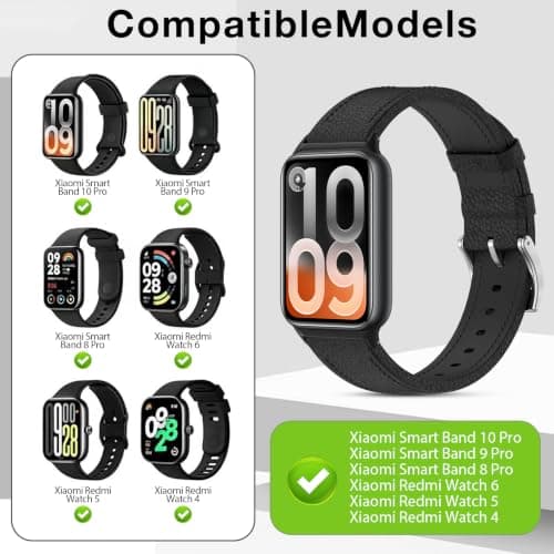 BDIG Leather Strap Compatible with Xiaomi Smart Band 10 Pro/9 Pro/8 Pro & for Xiaomi Redmi Watch 6/5/4, Genuine Leather Strap, Black Replacement Strap for Men and Women with Stainless Steel Clasp — view 3