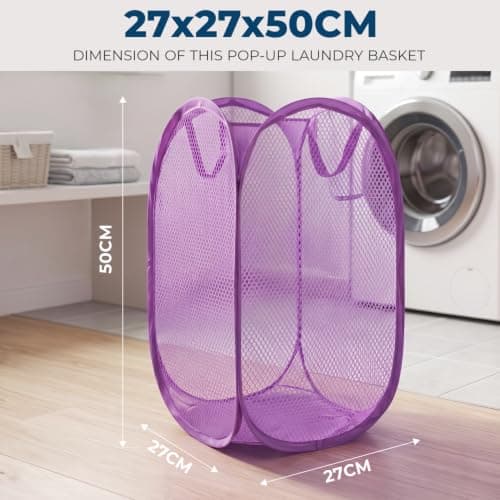 HOMESHOPA Laundry Baskets Pop Up Mesh Washing Bag, Purple Foldable Dirty Clothes Baskets with Handles&Side Pocket, Collapsible Toy Tidy Storage Organiser, Great for Kids Room, College Dorm Travel — view 2