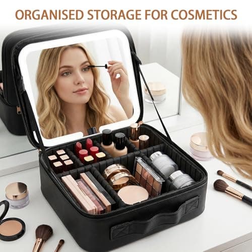 Travel Makeup Bag with LED Mirror - Cosmetic Bag Makeup Organizer Bag with 3 Color Adjustable Light, Detachable Mirror, Waterproof Makeup Case with Adjustable Dividers for Women — view 6