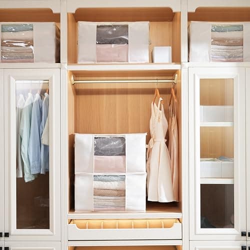 TYEERS Large Storage Bags with Zip and Clear Window, Cotton Blended Fabric Storage Containers for Seasonal Clothes and Bedding, 60x40x35 cm, 2-Pack, Beige — view 5