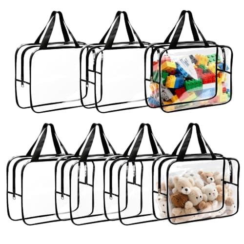 7 Packs Toy Storage Bags, 11.8 * 8.6 * 3.9inch Clear PVC Organiser Bags with Handle and Zips, Portable Toy Organizer for Puzzle, Building Blocks, Books (Black)