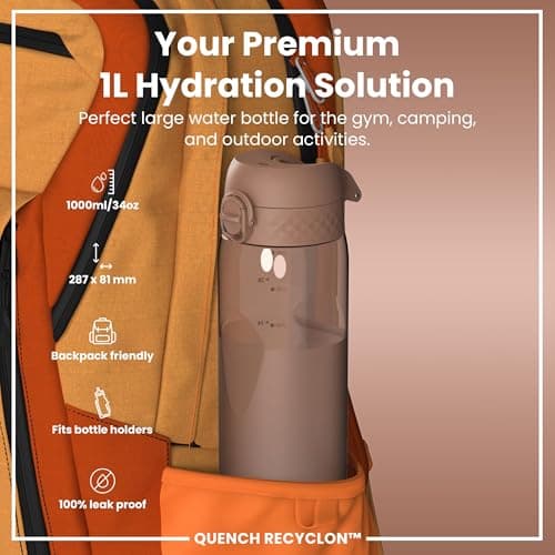 Ion8 1 Litre Water Bottle, Leak Proof, Flip Lid, Carry Handle, Rapid Hydration, Dishwasher Safe, BPA Free, Contoured Grip, Ideal for Travel, Gym & Activity, Recyclon, 32oz, Half Cut Mocha Mousse — view 2