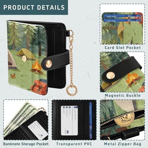 xigua Camping-Tents-Forest-Illustration-Nature-Tree Wallet for Women, Small Slim PU Leather Credit Card Wallets RFID Blocking Bifold, Zipper Coin Pocket Purse — view 5