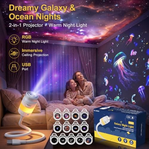 HD Smart Dynamic 5D Holographic Night Light Projector, Smart HD with 13 Films, 3-in-1 USB Plug & Play 360° Adjustable Ceiling Projector for Bedroom, Car & Ocean Starry Sky — view 3
