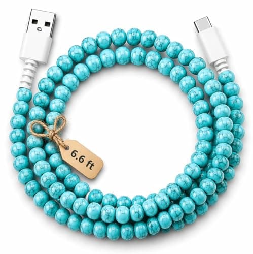 MyfavoriteK Stylish Beaded Phone Charger Cable Colors USB Charging Cord for Smartphones (USB A to USB C, Turquoise, 6.6ft)