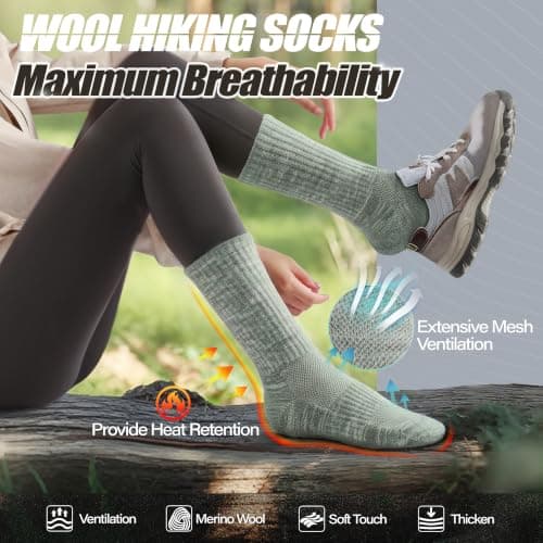 ANTSANG Unisex Merino Wool Hiking Walking Socks for Men Thermal Warm Winter Thick Cozy Crew Socks Stocking Stuffers 5 Pairs(Brown,3-7) — view 2