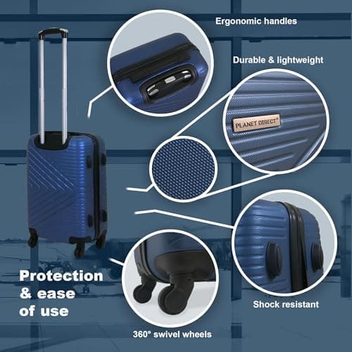 Planet Direct Navy Cabin Suitcase (55x36x23cm) | Hard Shell Lightweight Suitcase | 3-Digit Lock | 4 Spinner Wheels | Telescopic Handle | Carry On Luggage — view 2