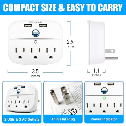 Cruise Approved Power Strip - Non Surge Protector for Cruise Ship with 2 USB Outlets - Cruise Ship Essentials for Carnival, Princess, Norwegian, Holland America, MSC & Major Cruise Lines (White) — view 5