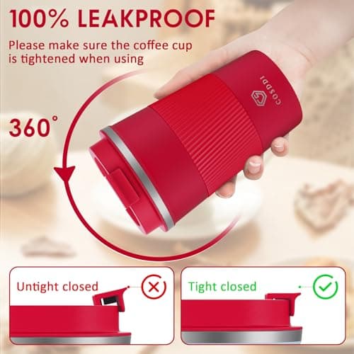 CS COSDDI Travel Mugs, Insulated Coffee Cup with Leakproof Lid - Reusable Coffee Cups Travel - Car Coffee Cup - Stainless Steel Coffee Mug for Hot and Cold Water and Tea (Red-A, 380 ml) — view 3