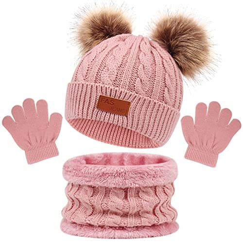 Kids Winter Beanie Hat Scarf Gloves Set 3 in1, 3Pcs Knit Warm Toddler Winter Cap Gloves Neck Warmer for Boys Girls 1-6 Year, Winter Accessories Sets for Children Outdoor Sports (Pink)