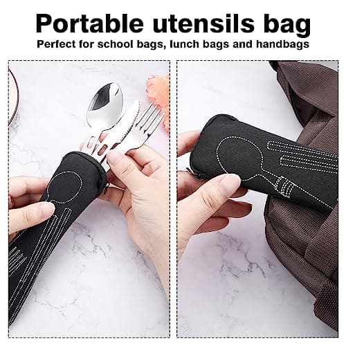 Fuyamp 3Pcs Camping Cutlery Set with Portable Pouch Case, Stainless Steel Flatware Camping Utensils Set for Knife, Fork and Spoon Set with Carabiner for Travel Hiking Picnic Office School — view 3