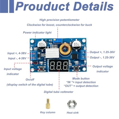 2 Pack DC Buck Converter, Step Down Voltage Regulator 4-38V to 1.25-36V Adjustable Output Regulator Board 5A Max with Mini Voltmeter LED Indicator for DIY Electronics Arduino Raspberry Pi Projects — view 3