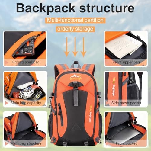 Auirshiky 40L Hiking Backpack Walking Rucksack Water Resistant Hiking Daypack Packable Travel Outdoor Sport Knapsack Durable Water Resistant for Camping Cycling Climbing Walking Mountaineer (Orange) — view 4