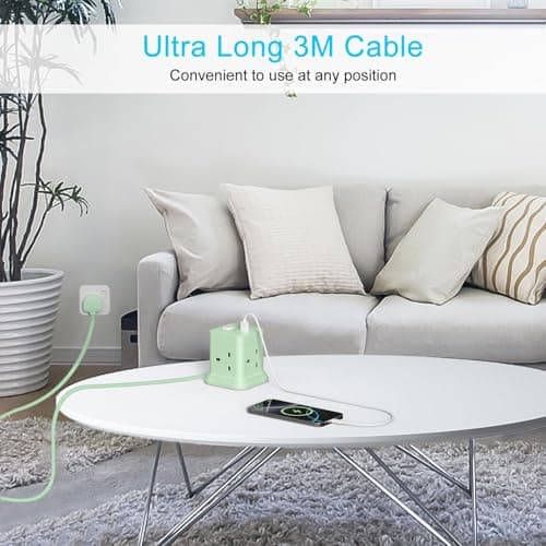 3M Extension Lead Cube With USB, BEVA 4 Way Power Strip With 3 USB Ports, Extension Socket With Switch Multi Plug Extension with 3 Metre Extension Cords For Home Office Travel-Green — view 3