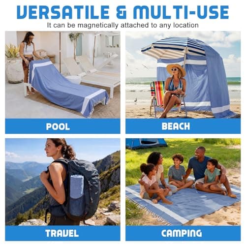HunnmingRe 1 Pcs 82 x 88 Inch Extra Large Magnetic Beach Towel Oversized Turkish Blanket Cotton XXL Sandproof Towels Huge Big Giant Throw Quilt Blankets for Adult Picnic Camping Travel Pool (Blue) — view 6