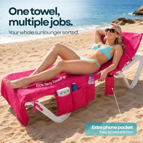 ITSA Terry Towelling Beach Towel with Pockets & Handles | 100% Cotton Foldable Sun Lounger Cover | Carry Bag | Secure Storage Beach Towel (Coral Pink) — view 2