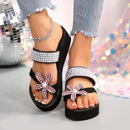 Women's Wedge EVA Flip Flops UK 7 Yoga Mat Sandals Ladies Flatform Beach Flip-Flop Slippers Flipflops Toe Post Thong Sandals Summer Beach Travel Sandal D1_Red Sandles — view 4