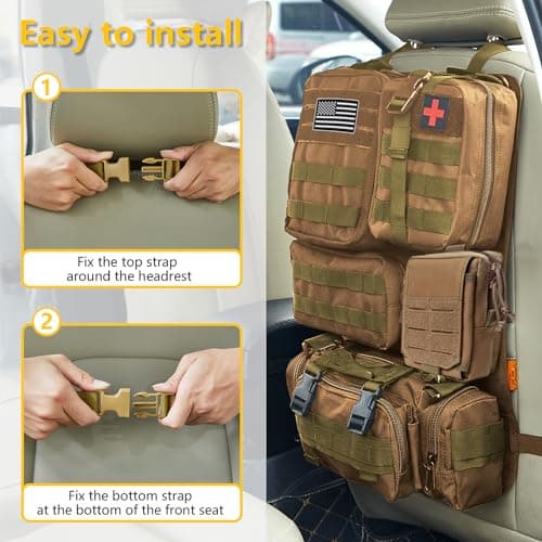 Universal Tactical Car Seat Back Organizer Bag Tactical Molle Vehicle Organizers Panel Gear Accessories with 5 Different Size Molle Pouches for Car Truck Ford Jeep Vehicle (A style-Khaki) — view 4