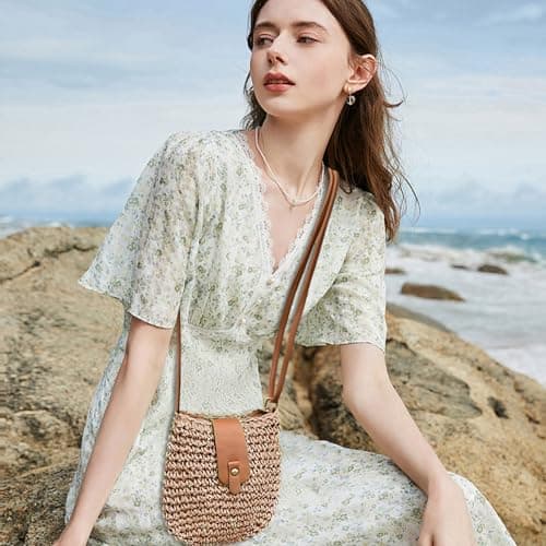 Bototack Straw Beach Bag for Women, Small Summer Crossbody Bag with Zipper, Bohemian Weave Handmade Shoulder Handbags for Beach Vocation Holiday (Khaki) — view 2