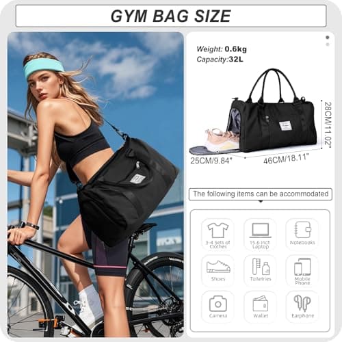 HYC00 Gym Bags Women Men Sports Duffle Bag with Shoes Compartment & Wet Pocket,Travel Duffel Bags for Women Large Weekend Overnight Holdall for Hospital Swimming Carry on Hand Luggage Bag,Black — view 2