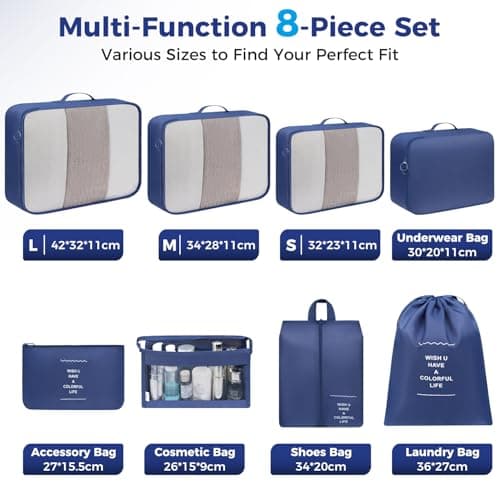 BAGAIL 8-Piece Packing Cubes Set, Travel Organizers with Breathable Mesh & Shoe Bag, Lightweight Nylon Packing Organisers for Luggage Suitcase, 9 Colors - Navy — view 3