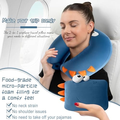 Jicyor Neck Pillow, 2-in-1 Neck Pillow, Aeroplane Travel Pillow, Blue Dinosaur Neck Pillow, Suitable for Children, Boys and Girls, Teenagers, Travel Pillow, Aeroplane — view 5