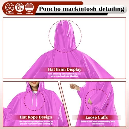 CHGANG Waterproof Poncho Adult, Reusable Rain Poncho Lightweight Waterproof Raincoat Emergency with Hood for Outdoor Hiking Camping Cycling Traveling (Pink) — view 4