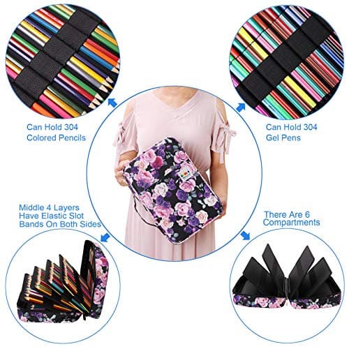 AYVANBER Large Pencil Case - 304 Slots, Colourful Pencil & Gel Pen Storage Bag, Suitcase for Students, Purple Pink Rose — view 5
