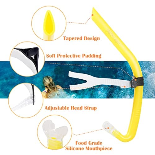 FalinLego Swim Snorkel for Lap Swimming, Swim Training Snorkel Front Mounted Training Gear with Comfortable Head Pads and Food-Grade Silicone Mouthpiece for Pool Open Water, Adult (Yellow) — view 2