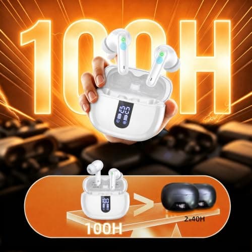 100H Bluetooth 6.0 Wireless Earbuds, Ear Buds 14.2mm Drivers with Big Bass Earphones, Air Pro 4 3 with ENC Noise Cancellation, 3g Lite In Ear Headphones, IP7 for iPhone Samsung Google Android, White — view 4