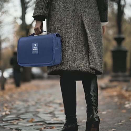 Travel Cosmetic Bag, Hanging Cosmetic Bag for Women, Personal Toiletries Organizer, Travel Bathroom Accessories Organizer with Hooks, Navy Blue — view 6