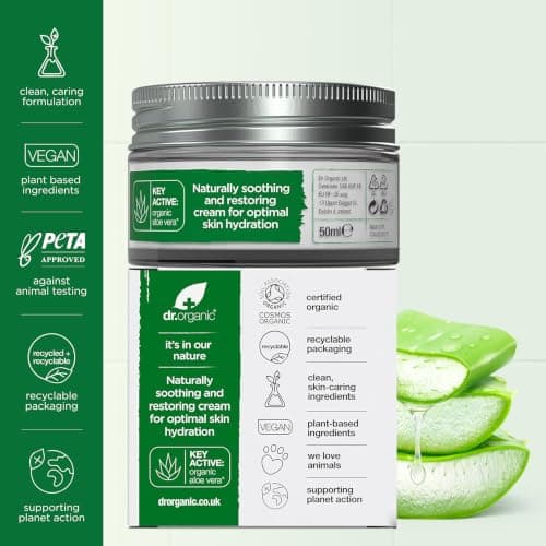 Dr Organic Aloe Vera Cream, Soothing, Mens, Womens, All Skin Types, Natural, Vegan, Cruelty-Free, Paraben & SLS-Free, Plastic Free, Recycled & Recyclable, Certified Organic, 50ml, Packaging may vary — view 3